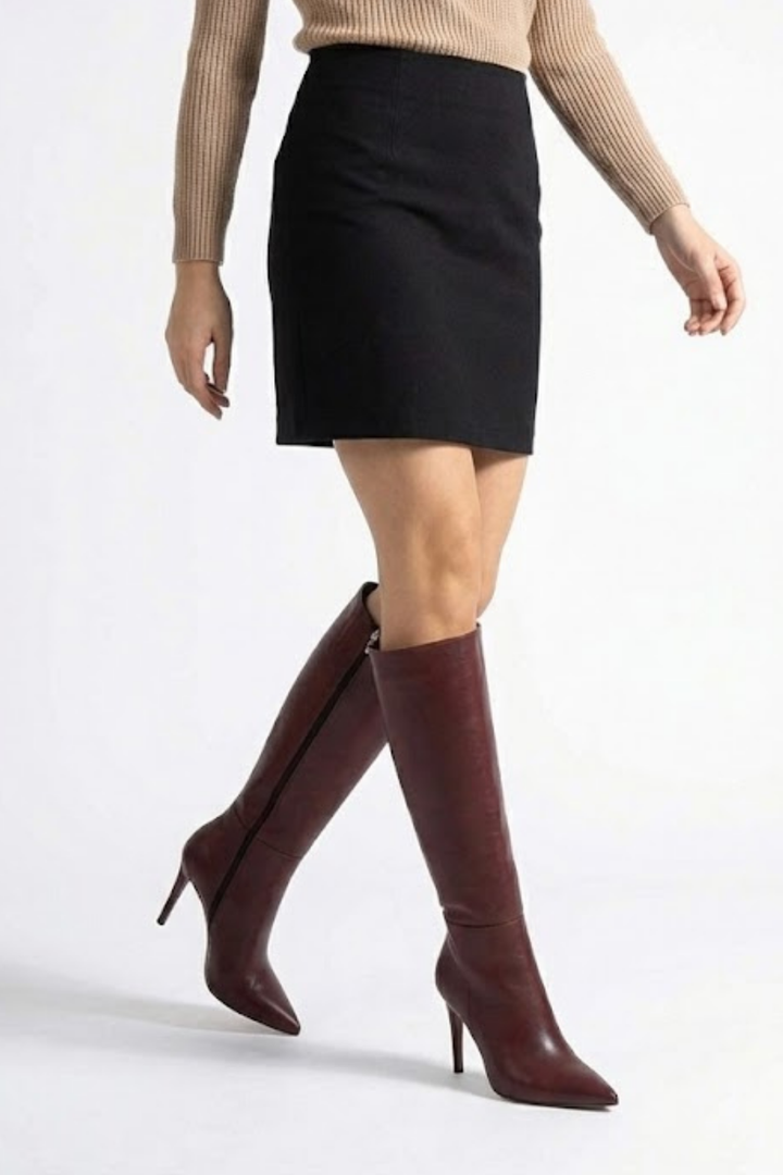 Diayen Bordo Fermuarlı Lastikli İnce Yüksek Topuklu Kadın Çizme