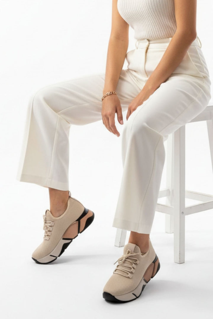 Brumli Bej Bağcıklı Fileli Renkli Taban Günlük Kadın Spor Ayakkabı RS-400BEJ