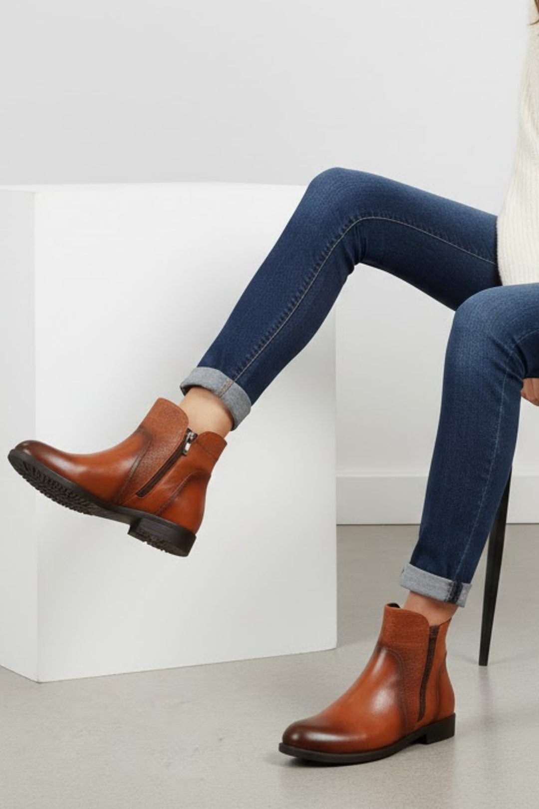 Rendo Kadın Hakiki Deri Çift Fermuarlı Taba Bot