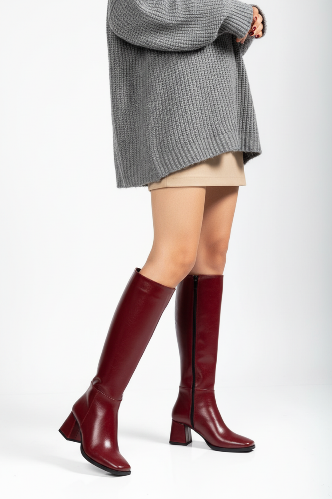 Selora Kadın Bordo Kırışık Rugan Fermuarlı Topuklu Çizme