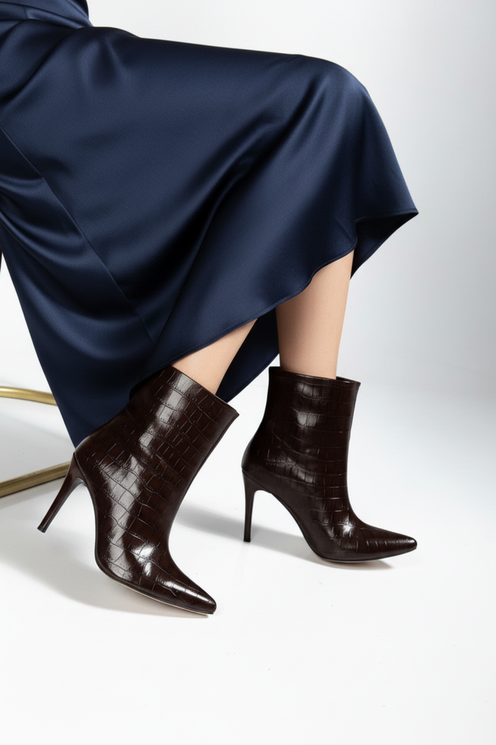 Mirelle Kadın Kahve Kroko Sivri Burun İnce Topuk Bot