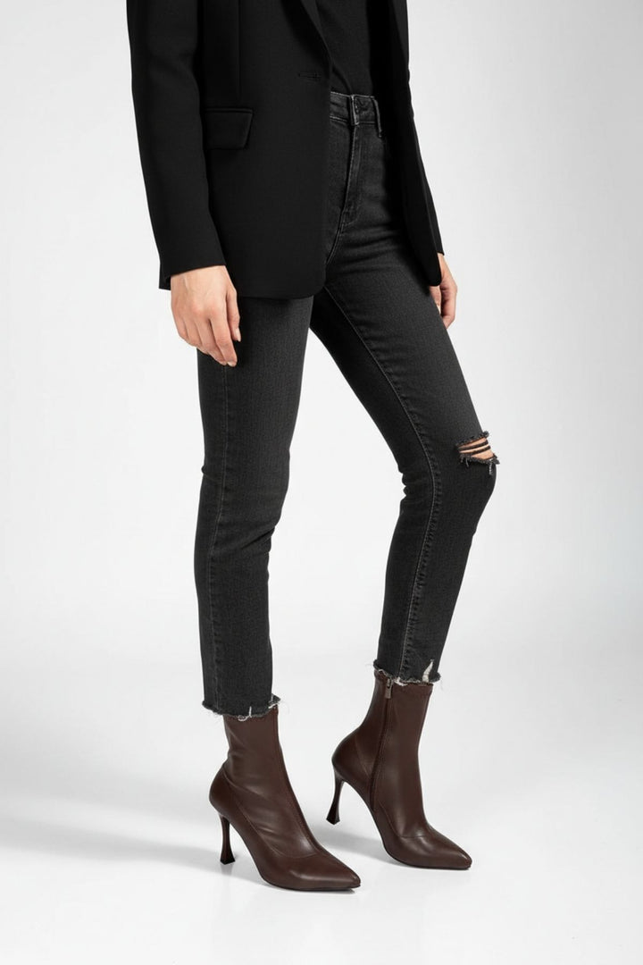 Orjen Kadın Acı Kahve Streç Detaylı Topuklu Bot