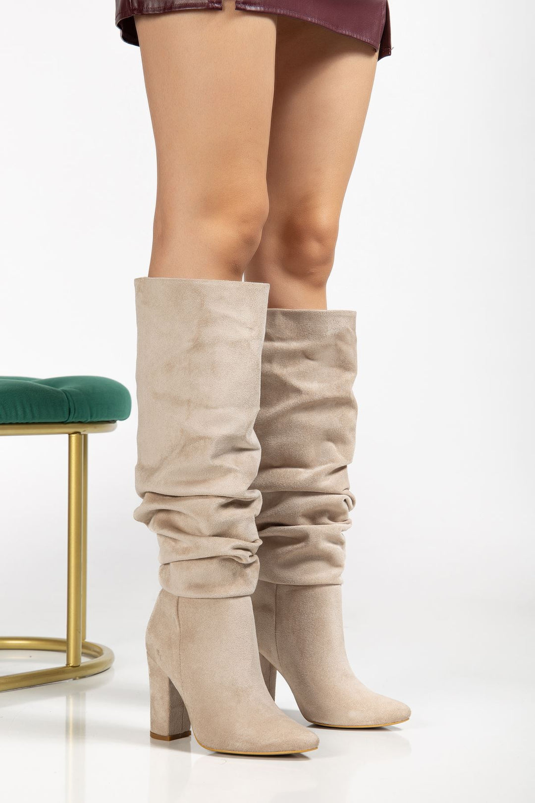 Jarnes Kadın Bej Süet Körüklü Kalın Topuklu Çizme