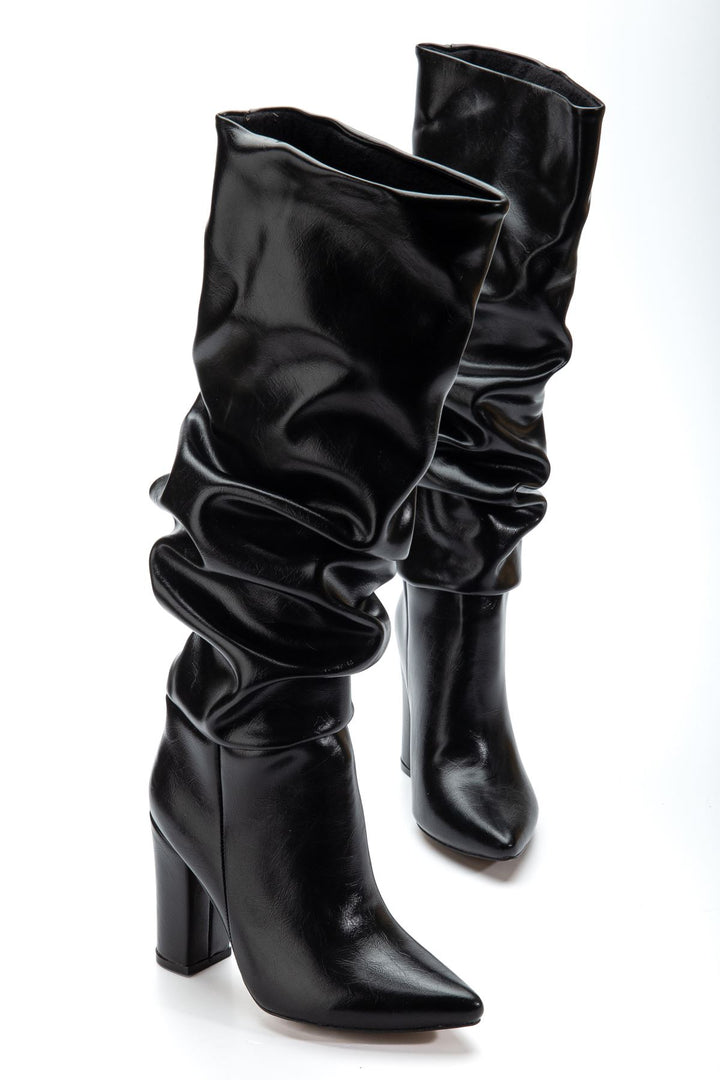 Jarnes Kadın Siyah Kırışık Körüklü Kalın Topuklu Çizme