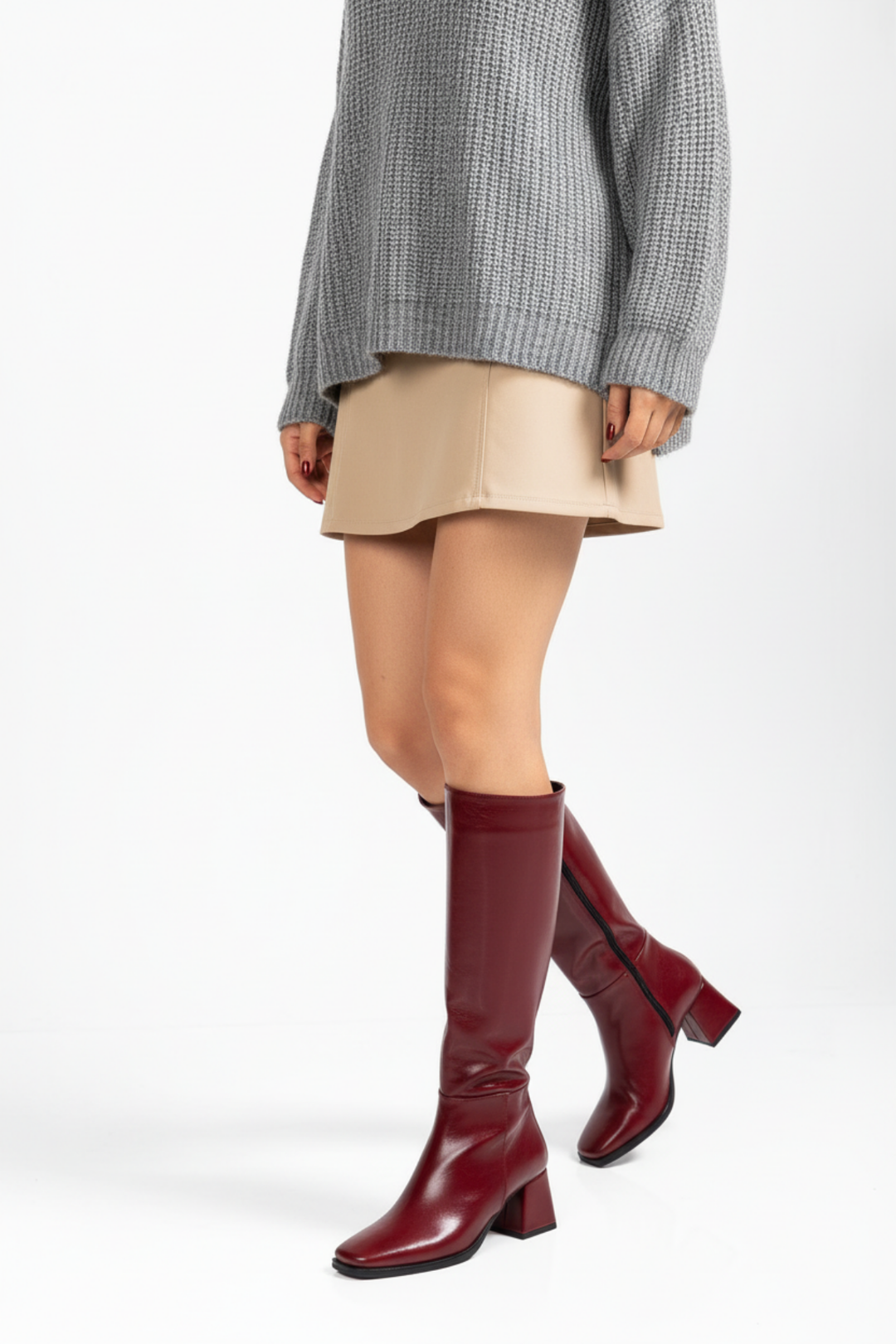 Selora Kadın Bordo Kırışık Rugan Fermuarlı Topuklu Çizme