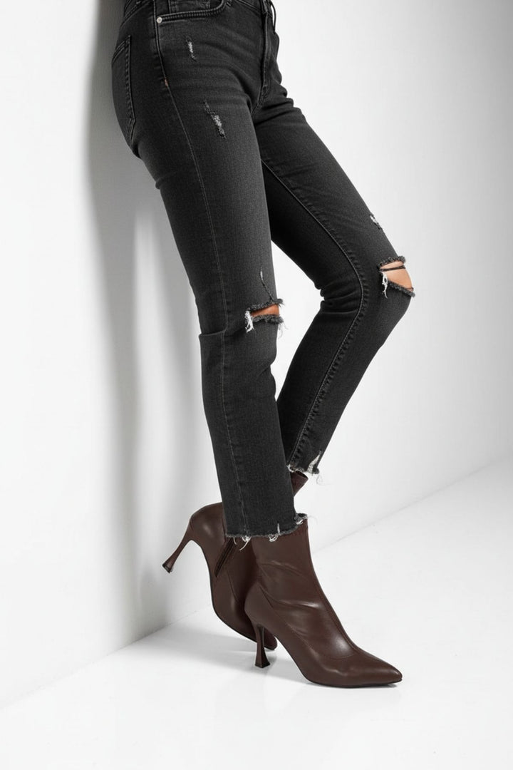 Orjen Kadın Acı Kahve Streç Detaylı Topuklu Bot