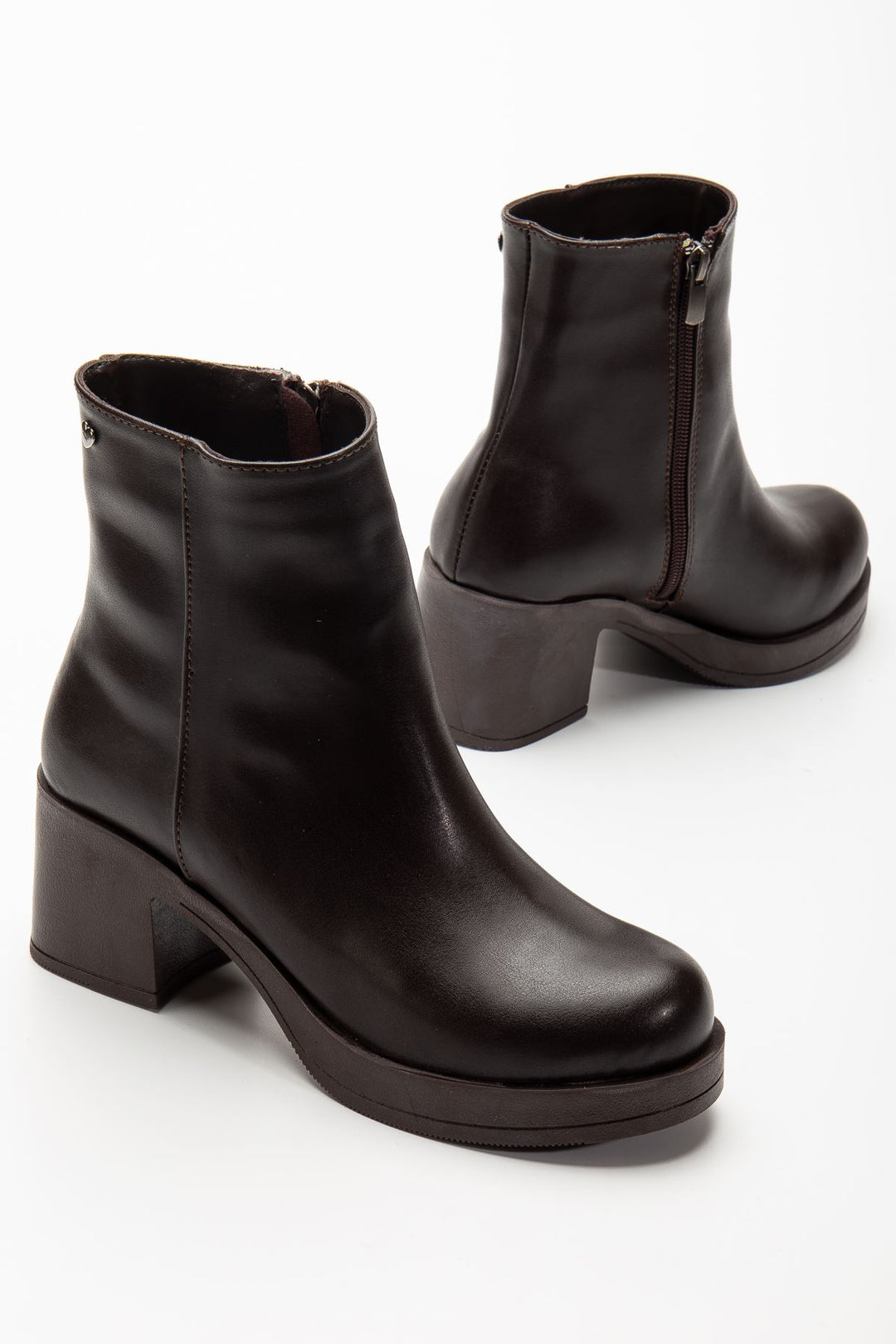 Mahzu Kahve Fermuarlı Kalın Topuklu Kadın Bot