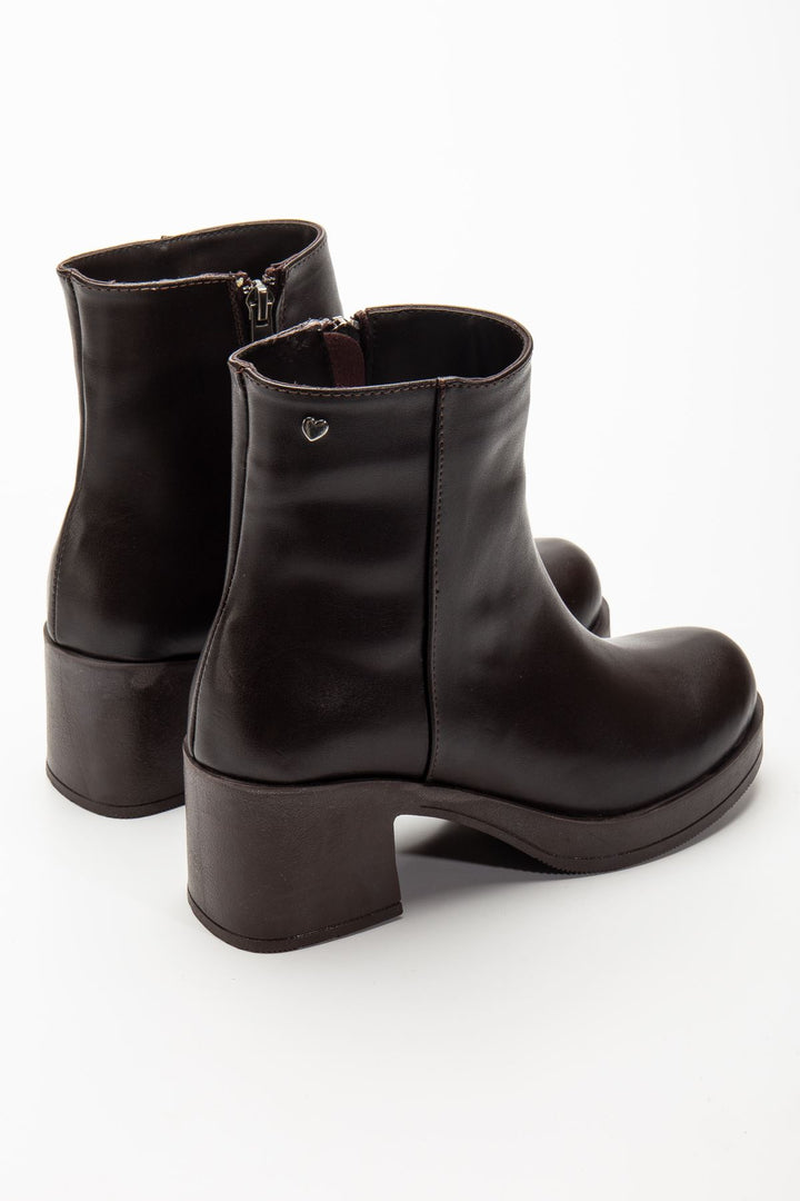 Mahzu Kahve Fermuarlı Kalın Topuklu Kadın Bot