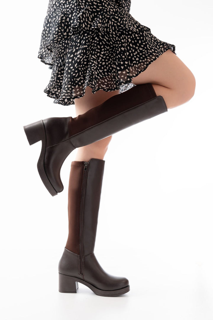 Katelia Kahverengi Arka Streç Topuklu Kadın Çizme