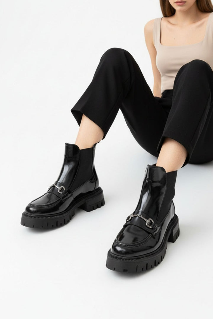 Mephen Kadın Bilekten Lastikli Rugan Siyah Bot