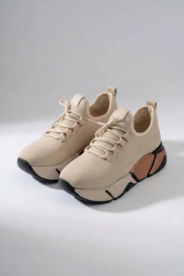 Brumli Bej Bağcıklı Fileli Renkli Taban Günlük Kadın Spor Ayakkabı RS-400BEJ