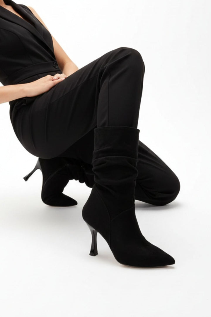 Admete Kadın Siyah Süet Körüklü Yüksek İnce Topuklu Bot