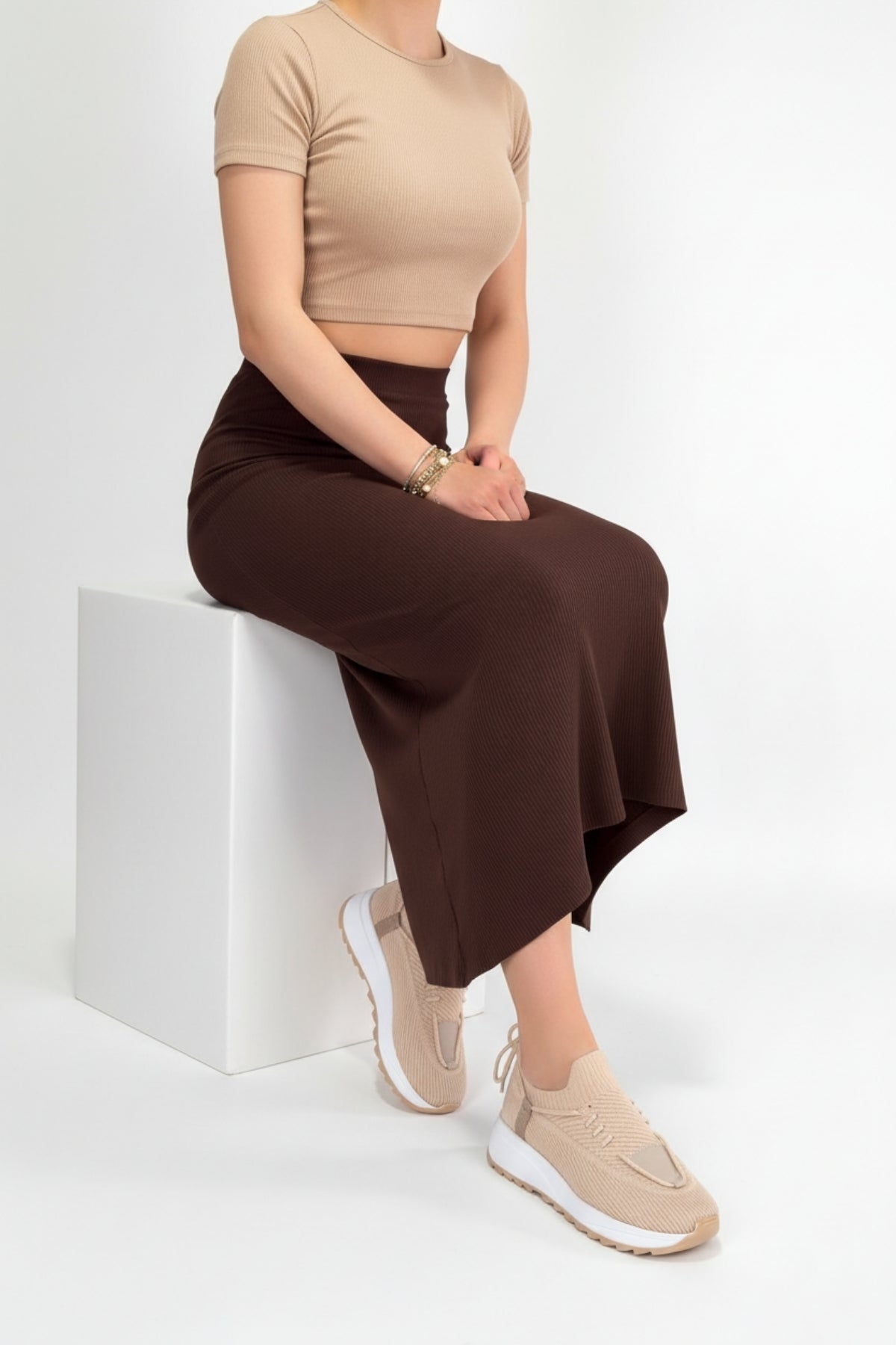 Renji Kadın Bej Triko Bağcıklı Spor Ayakkabı