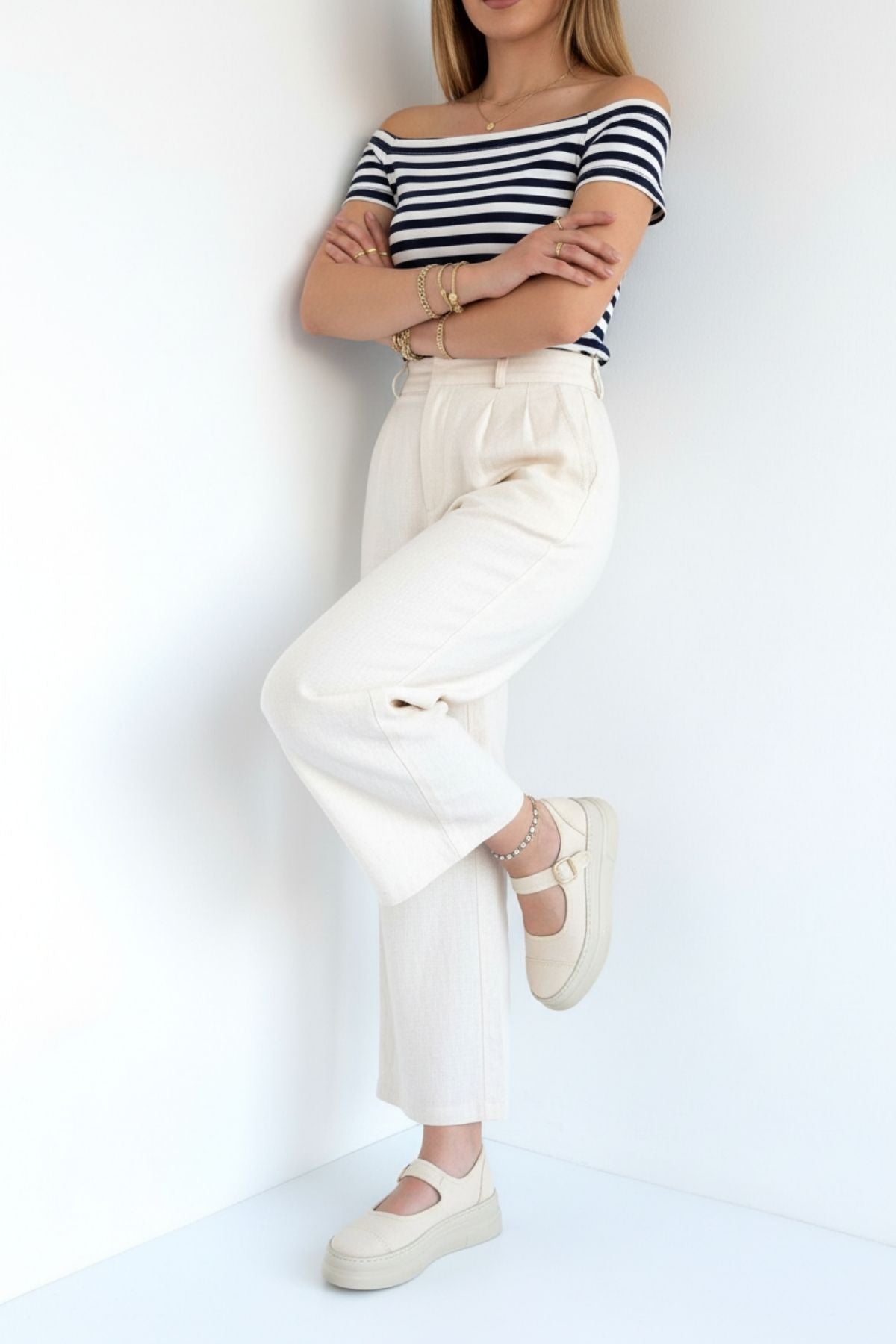 Lunni Kadın Bej Keten Bantlı Babet Ayakkabı