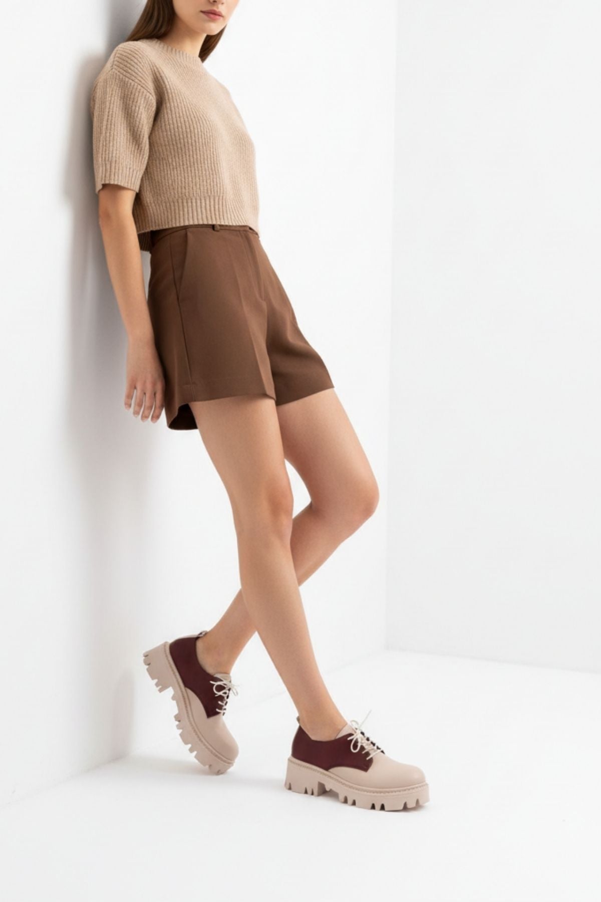 Apsely Bej Garni Bağcıklı Günlük Yüksek Tabanlı Loafer Ayakkabı