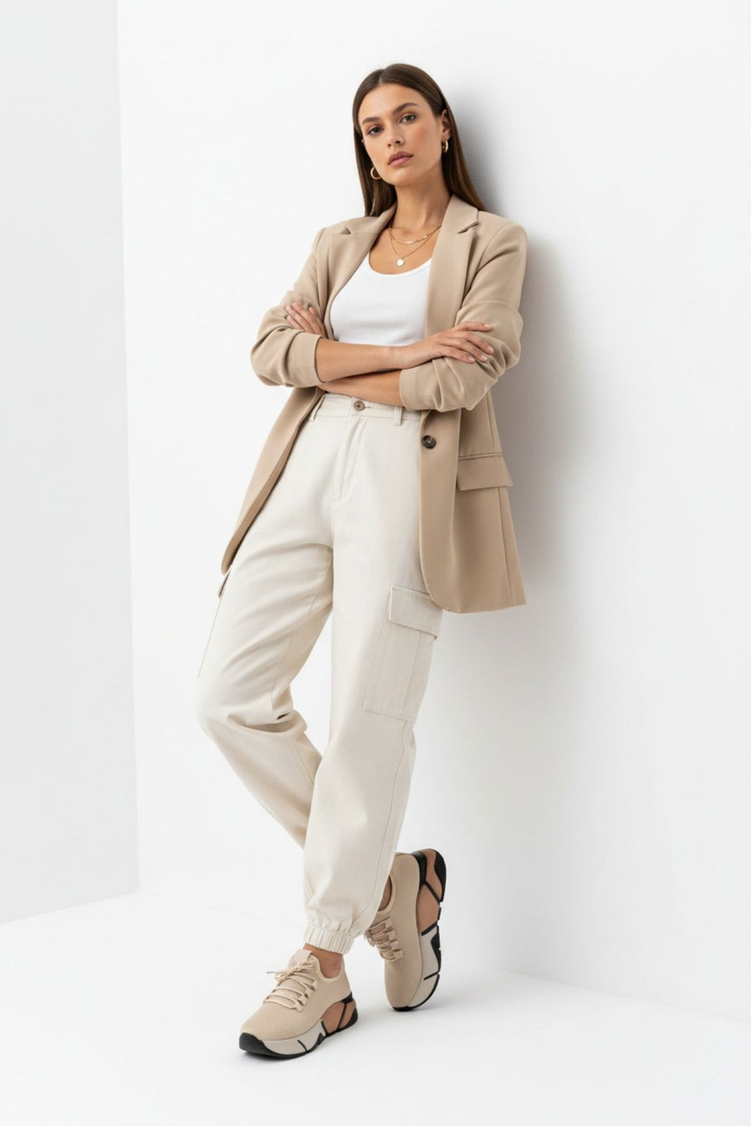 Brumli Bej Bağcıklı Fileli Renkli Taban Günlük Kadın Spor Ayakkabı RS-400BEJ