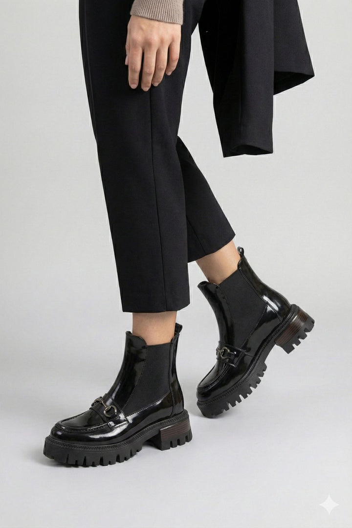 Mephen Kadın Bilekten Lastikli Rugan Siyah Bot