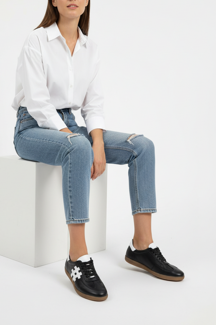 Maddo Kadın Hakiki Deri Siyah Beyaz Spor Ayakkabı