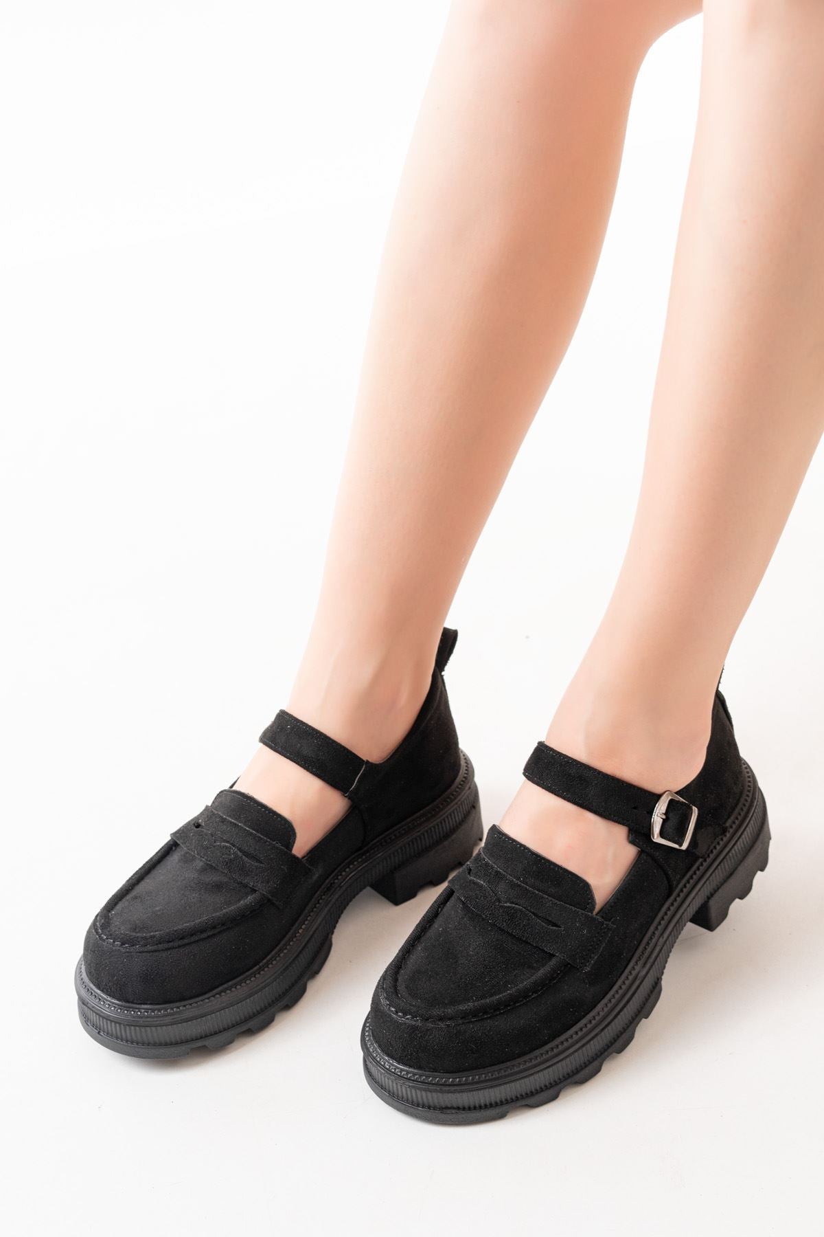 Thalen Siyah Süet Kadın Günlük Yüksek Tabanlı Loafer Ayakkabı