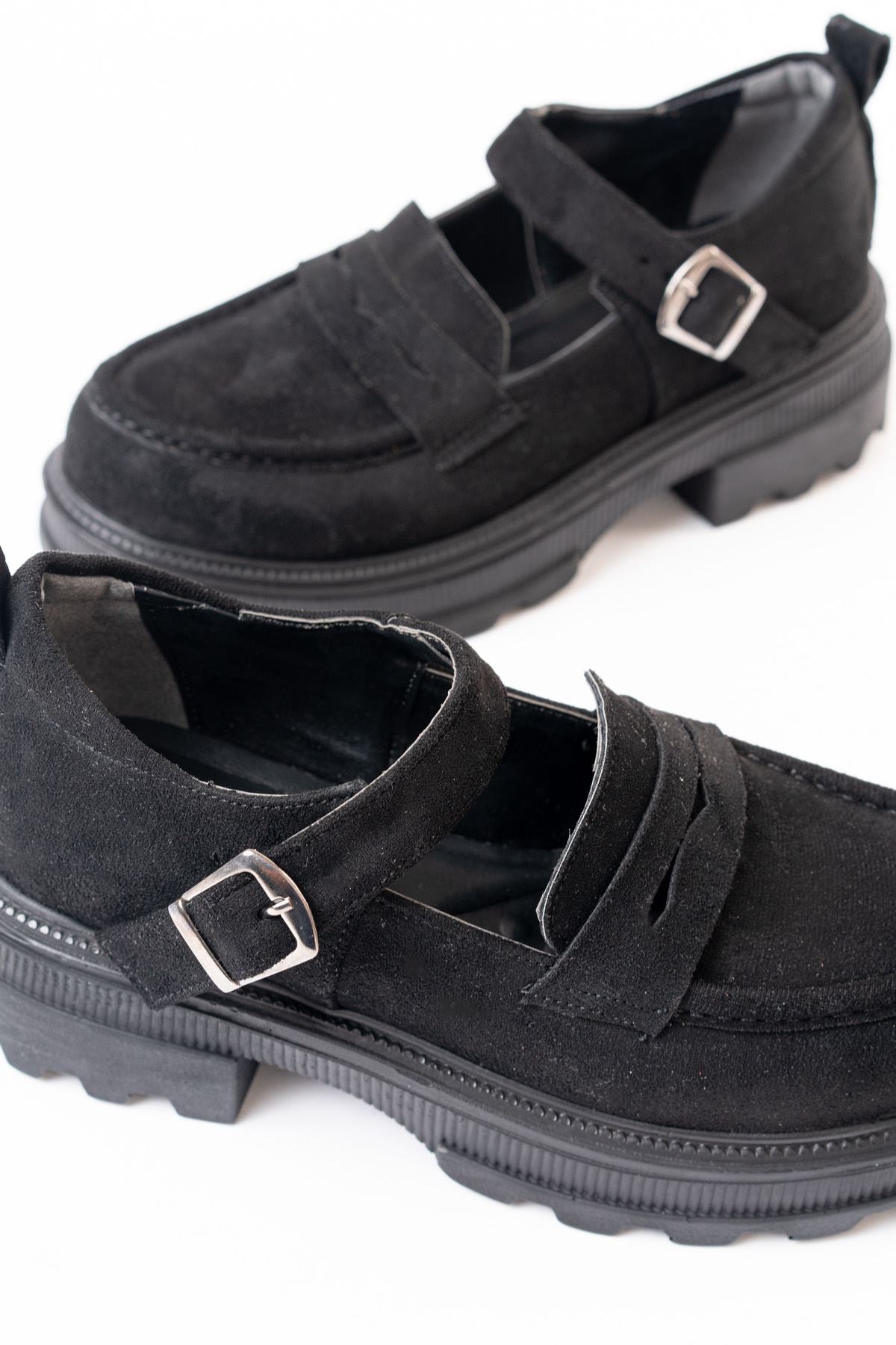 Thalen Siyah Süet Kadın Günlük Yüksek Tabanlı Loafer Ayakkabı