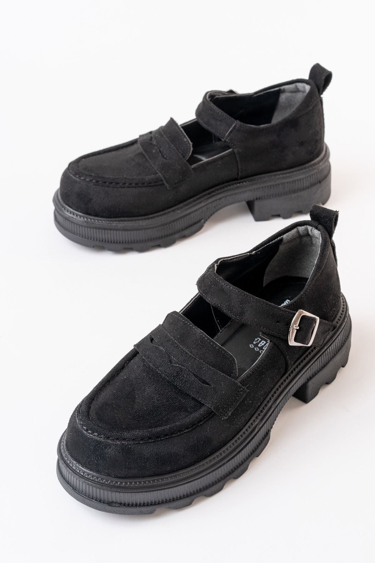 Thalen Siyah Süet Kadın Günlük Yüksek Tabanlı Loafer Ayakkabı