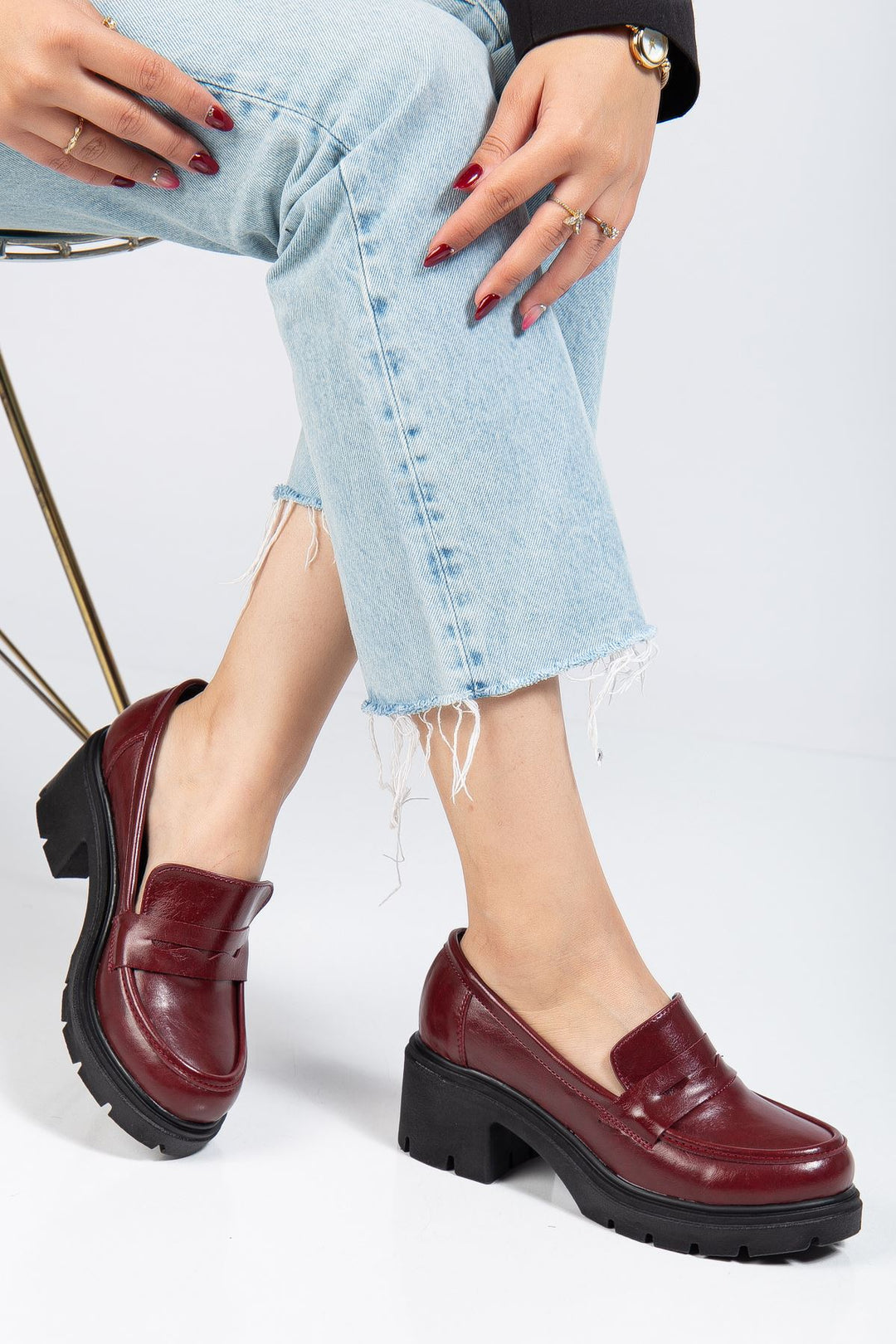 Renesa Bordo Yanki Yüksek Tabanlı Loafer AyakkabI