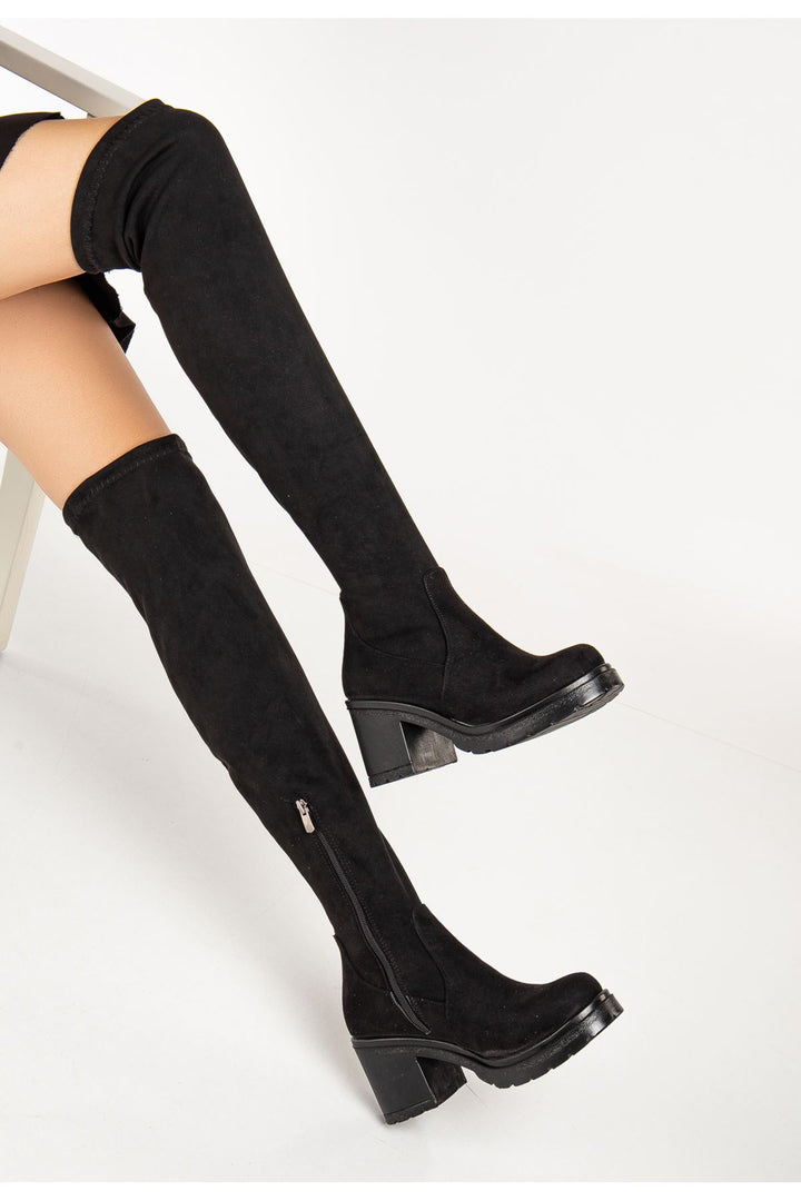 Feshul Siyah Süet Streç Kalın Topuklu Kadın Çizme