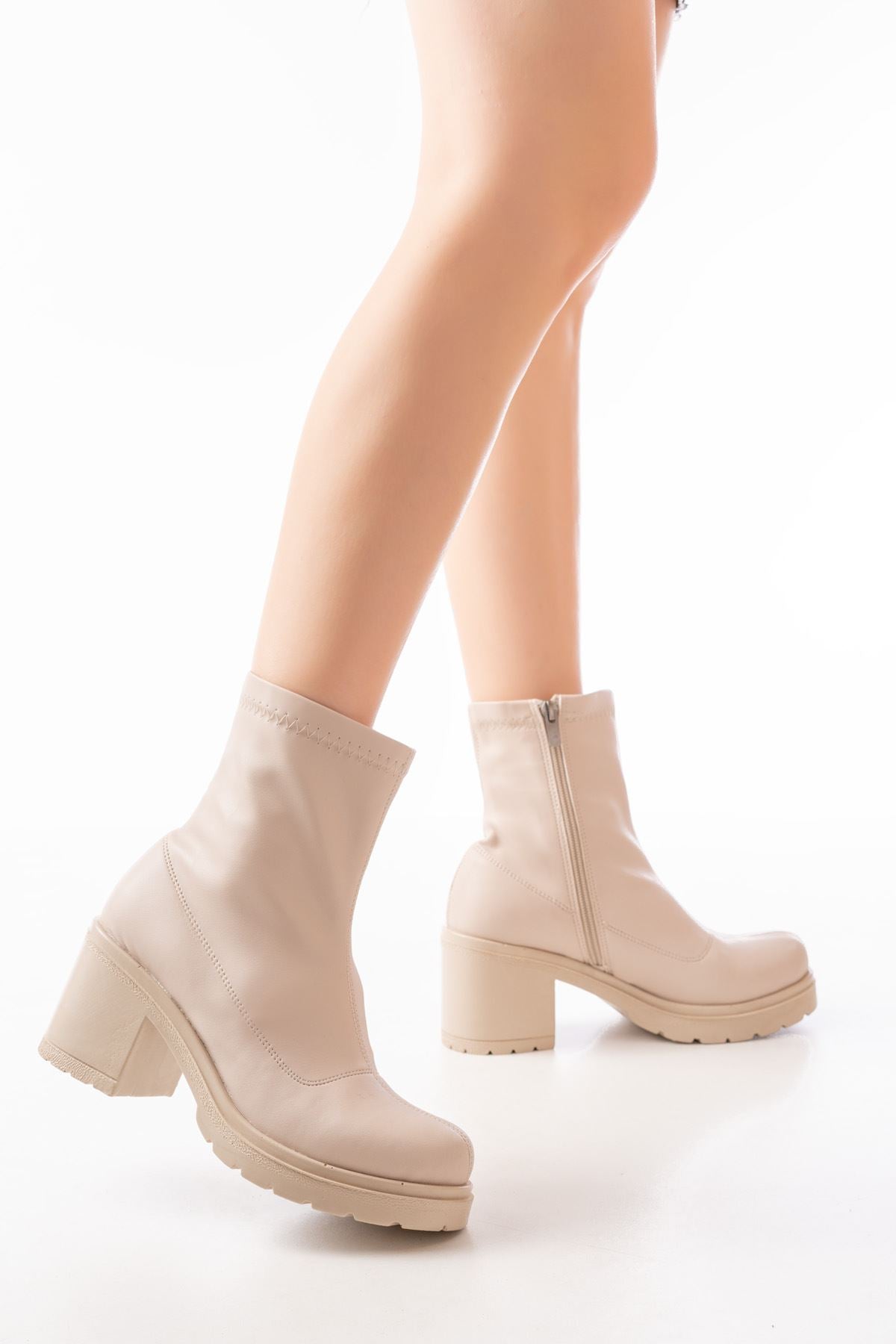 Ranya Streç Bej Fermuarlı Kalın Topuklu Kadın Bot