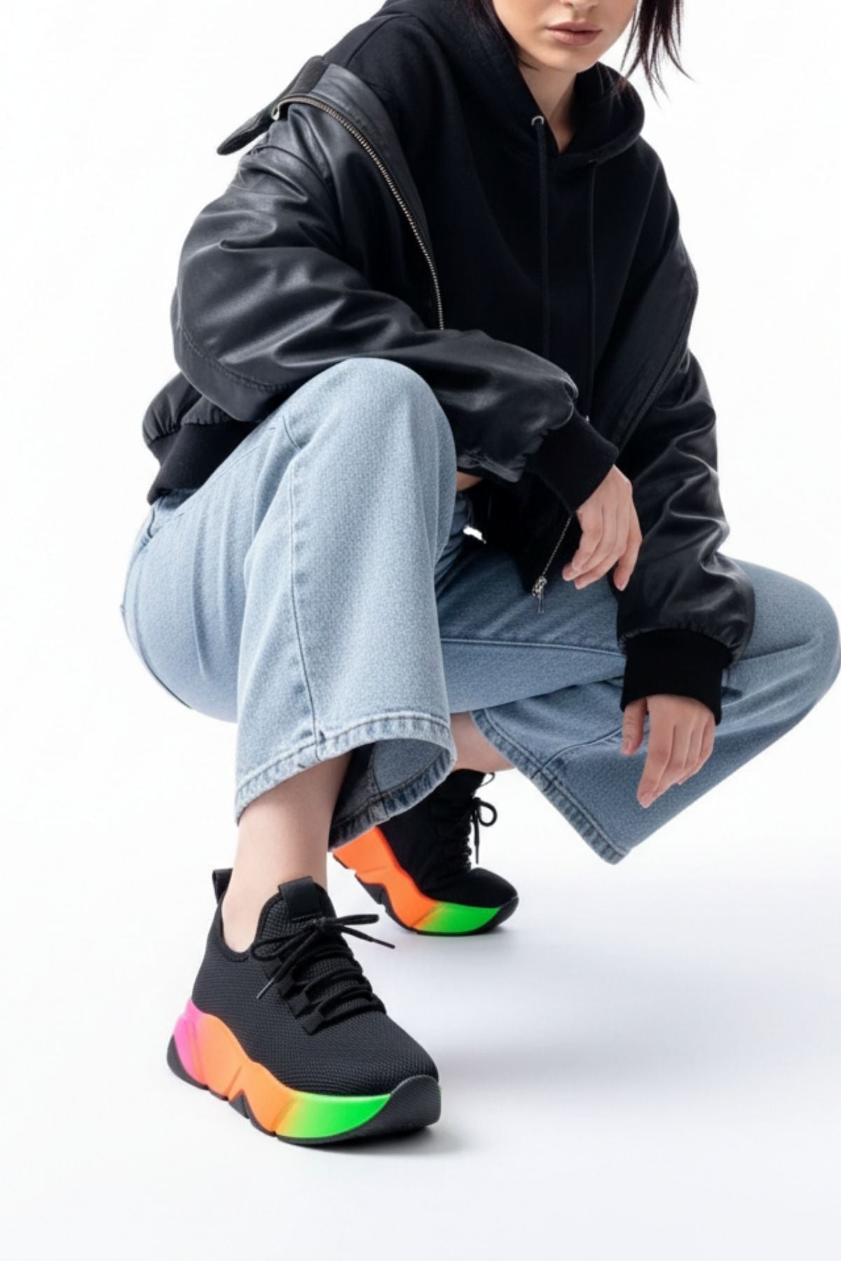 Brumli Siyah Bağcıklı Fileli Renkli Taban Günlük Kadın Spor Ayakkabı RS-400SYHM