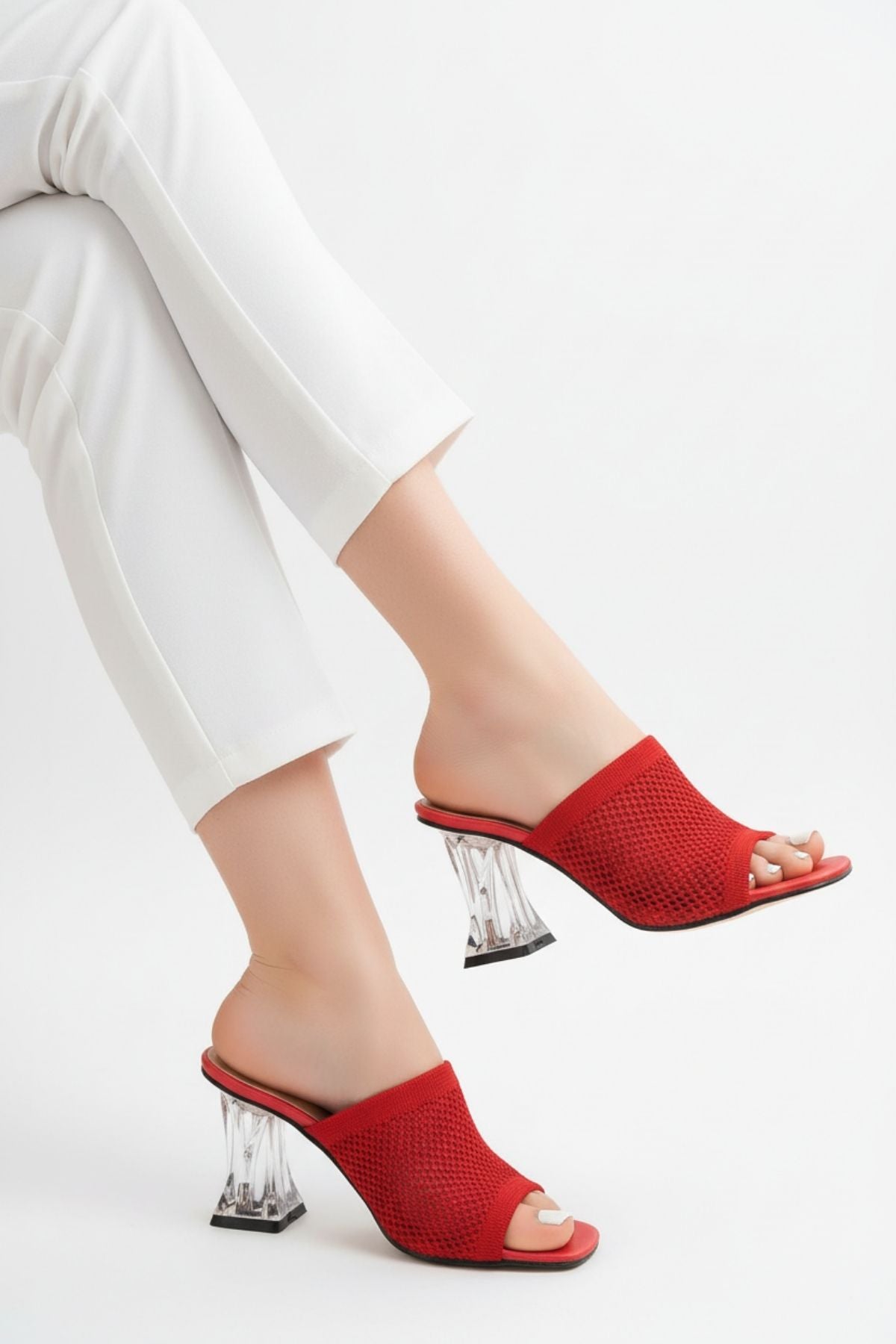 Akva Kadın Kırmızı Triko Şeffaf Topuklu Terlik