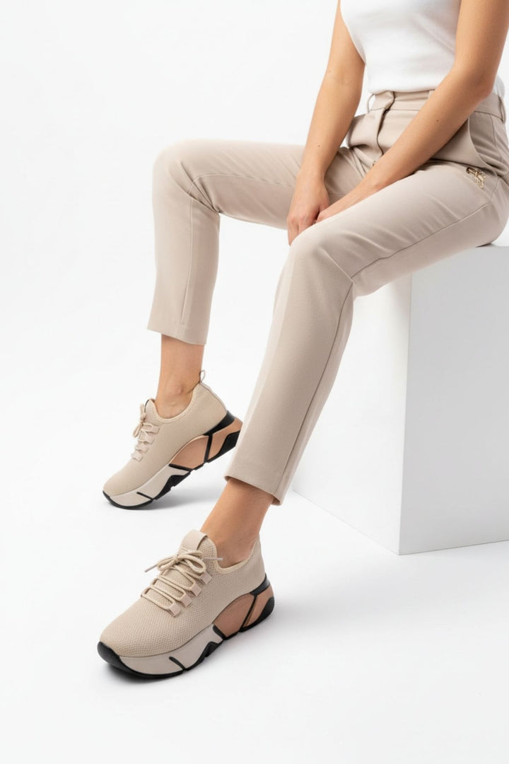 Brumli Bej Bağcıklı Fileli Renkli Taban Günlük Kadın Spor Ayakkabı RS-400BEJ