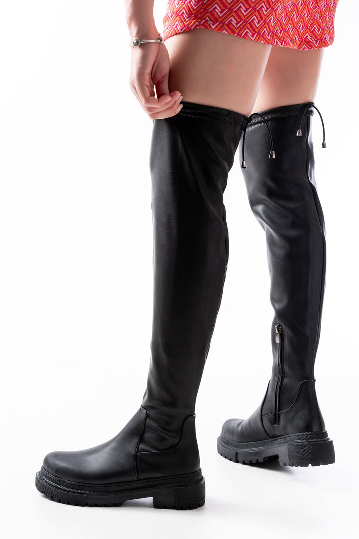 Lilyaz Siyah Fermuarlı Diz Üstü Bağcıklı Çorap Kadın Çizme 812-2194SYH