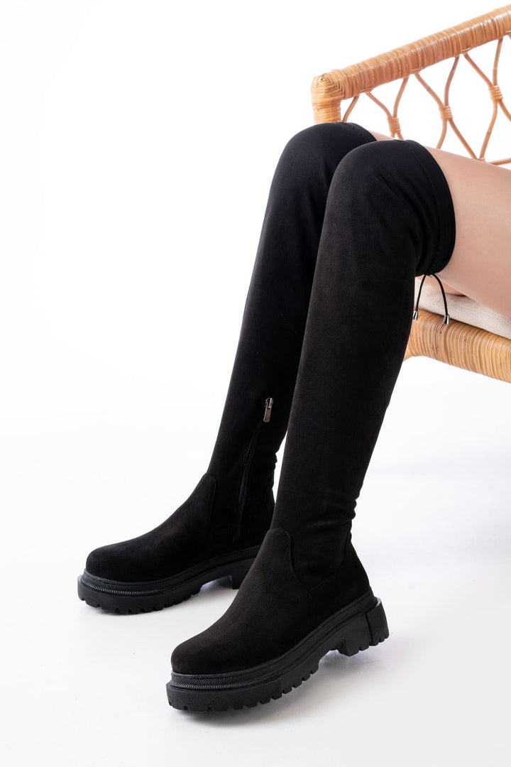Lilyaz Siyah Süet Fermuarlı Diz Üstü Bağcıklı Çorap Kadın Çizme 812-2194SİS