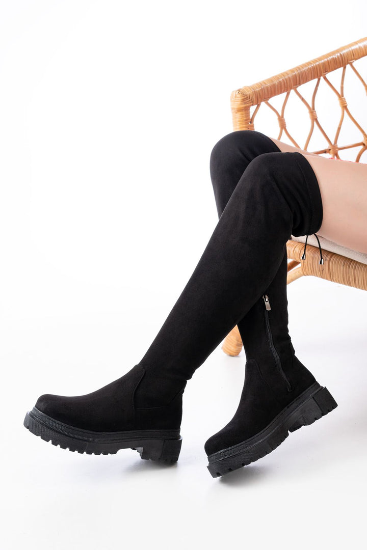 Lilyaz Siyah Süet Fermuarlı Diz Üstü Bağcıklı Çorap Kadın Çizme 812-2194SİS