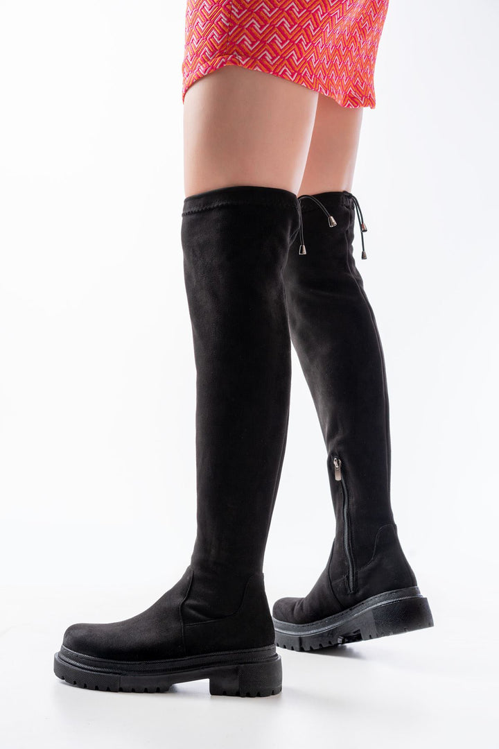 Lilyaz Siyah Süet Fermuarlı Diz Üstü Bağcıklı Çorap Kadın Çizme 812-2194SİS