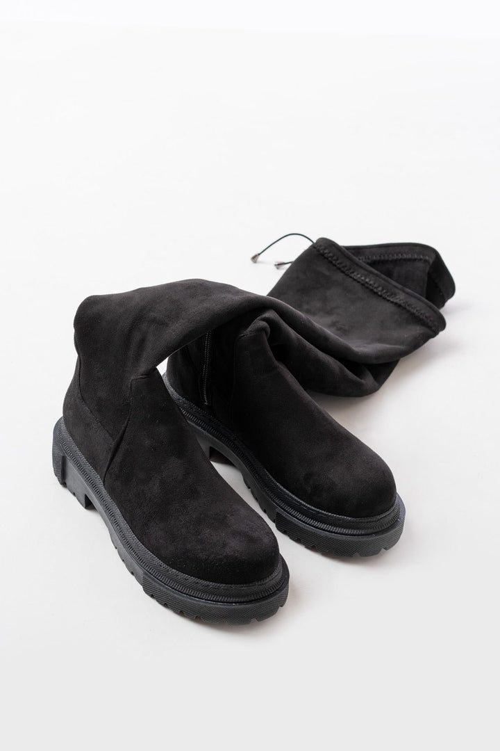 Lilyaz Siyah Süet Fermuarlı Diz Üstü Bağcıklı Çorap Kadın Çizme 812-2194SİS