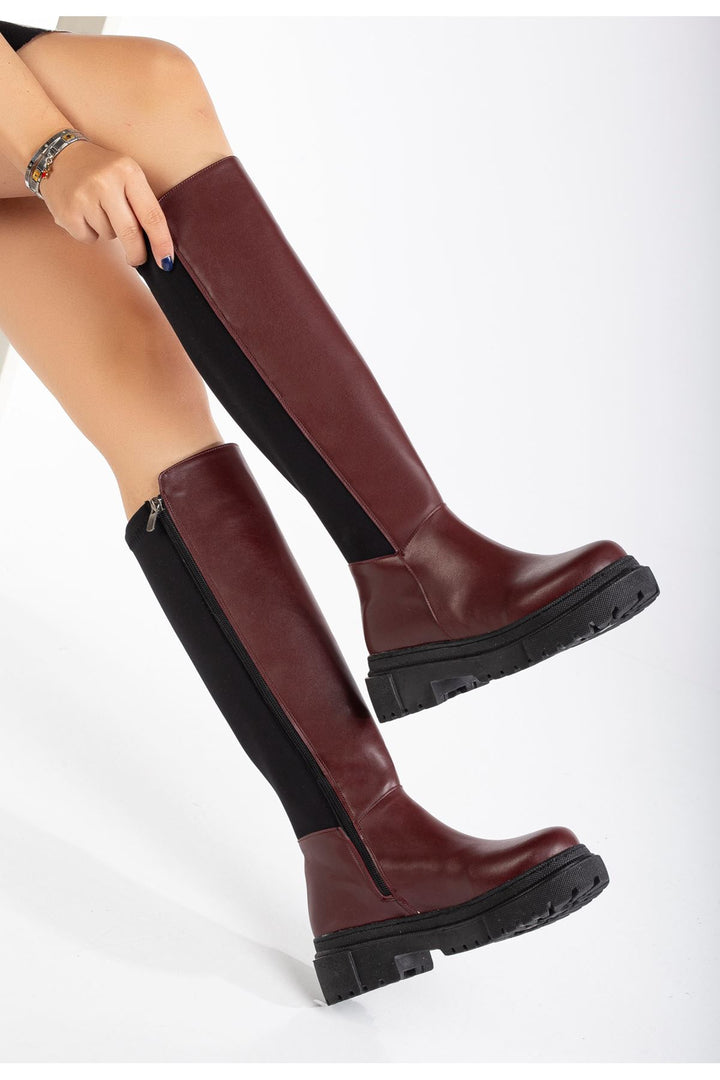 Razye Bordo Arkası Streç Fermuarlı Kadın Çizme  812-305BRD