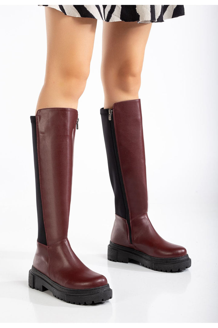 Razye Bordo Arkası Streç Fermuarlı Kadın Çizme  812-305BRD