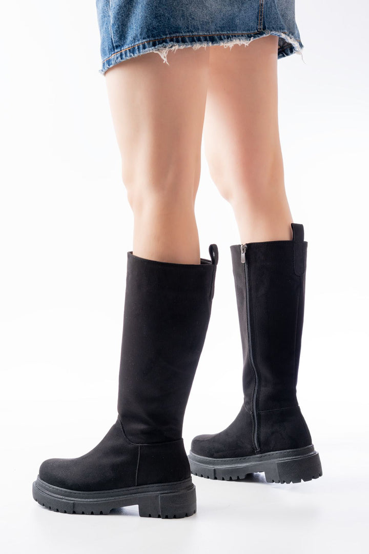 Milarn Siyah Süet Fermuarlı Kadın Çizme