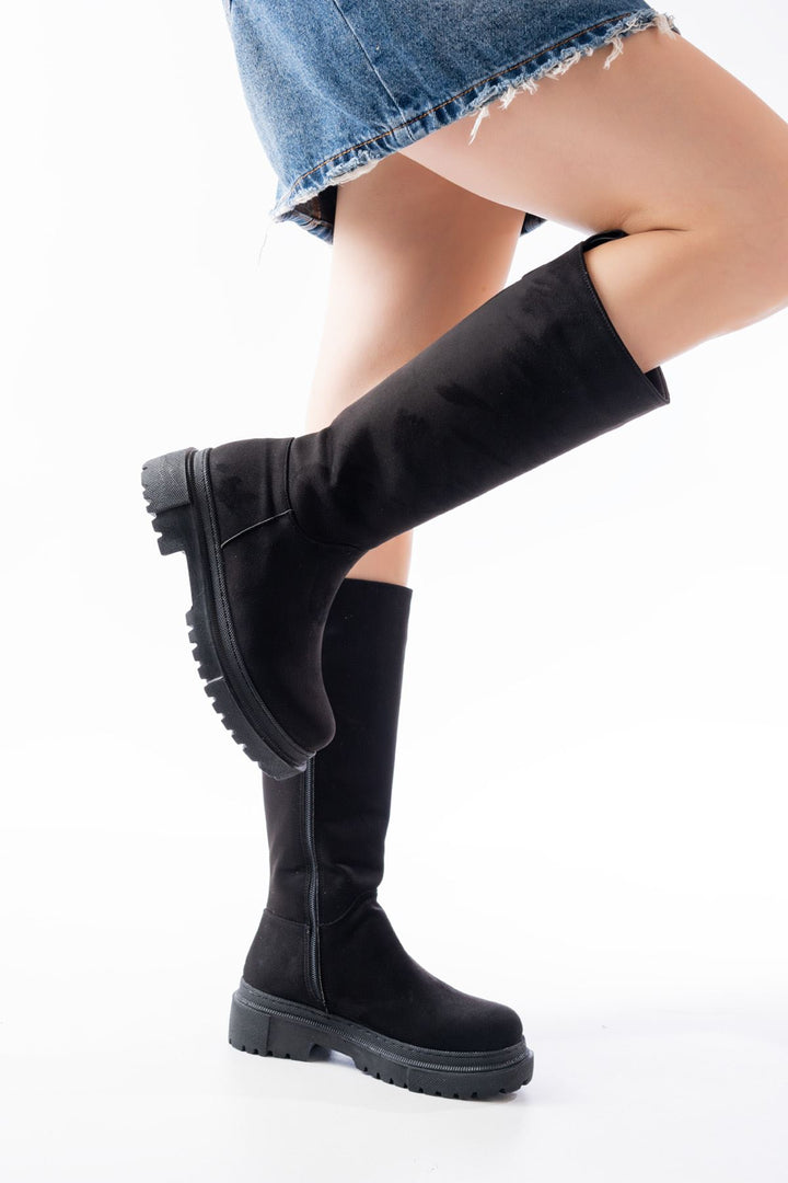 Milarn Siyah Süet Fermuarlı Kadın Çizme
