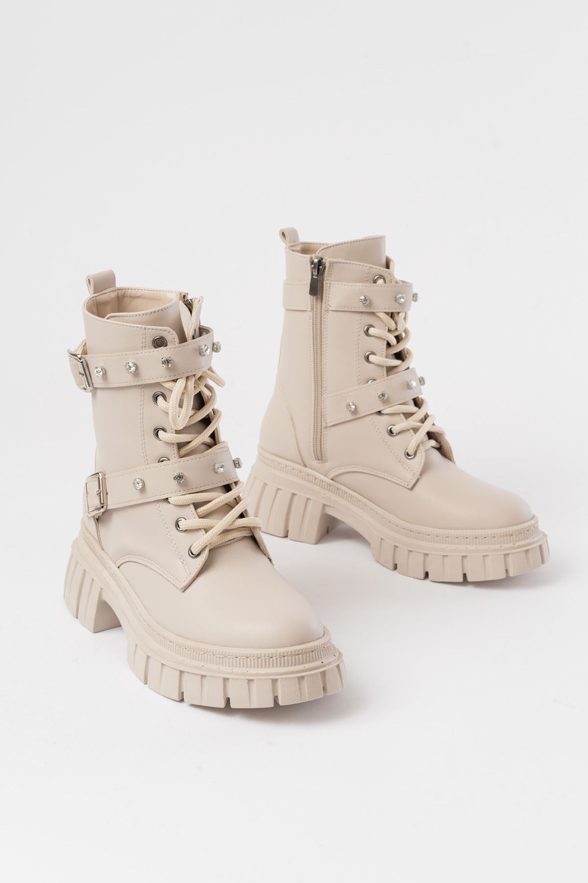 Yasmir Bej Bağcıklı Kalın Tabanlı Bağcıklı Fermuarlı Kadın Bot