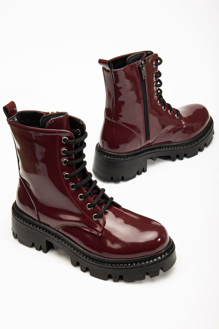 Belcan Bordo Rugan Bağcıklı Fermuarlı Kadın Bot