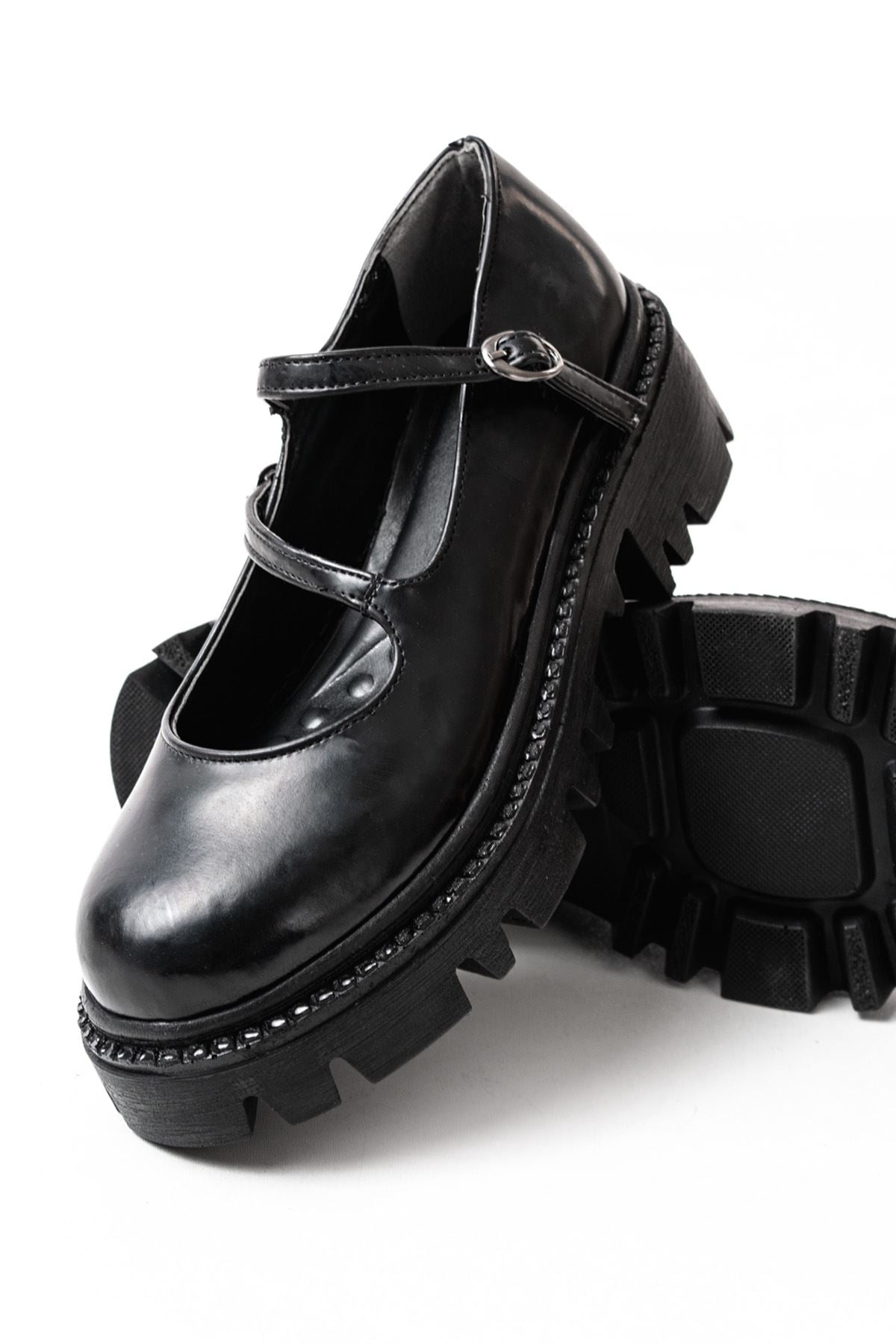 Ayones Siyah Rugan Günlük Yüksek Tabanlı Loafer Ayakkabı