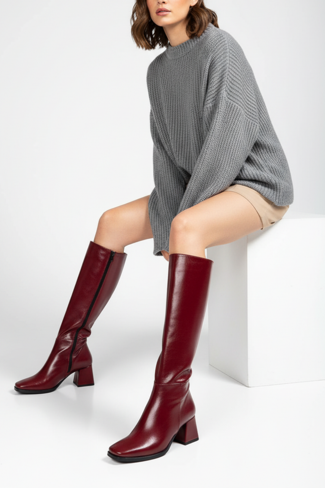 Selora Kadın Bordo Kırışık Rugan Fermuarlı Topuklu Çizme