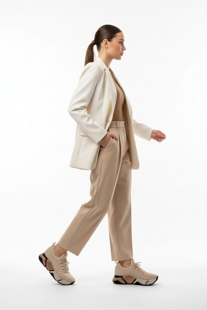 Brumli Bej Bağcıklı Fileli Renkli Taban Günlük Kadın Spor Ayakkabı RS-400BEJ