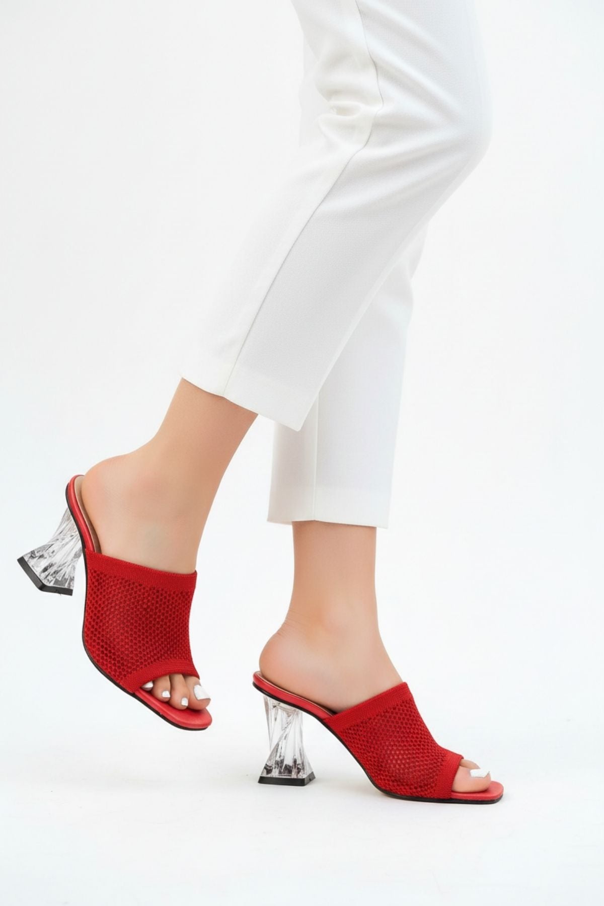 Akva Kadın Kırmızı Triko Şeffaf Topuklu Terlik