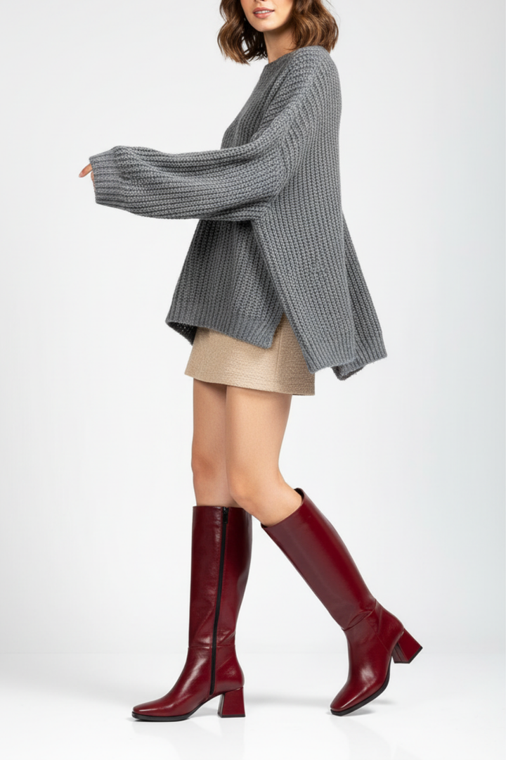 Selora Kadın Bordo Kırışık Rugan Fermuarlı Topuklu Çizme