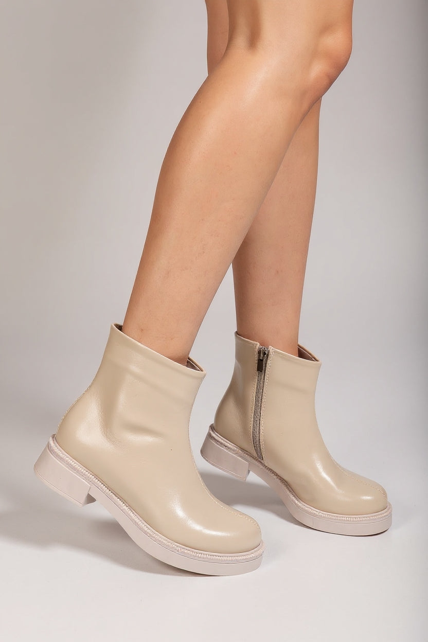 Asian Bej Kırışık Rugan Fermuarlı Kadın Bot