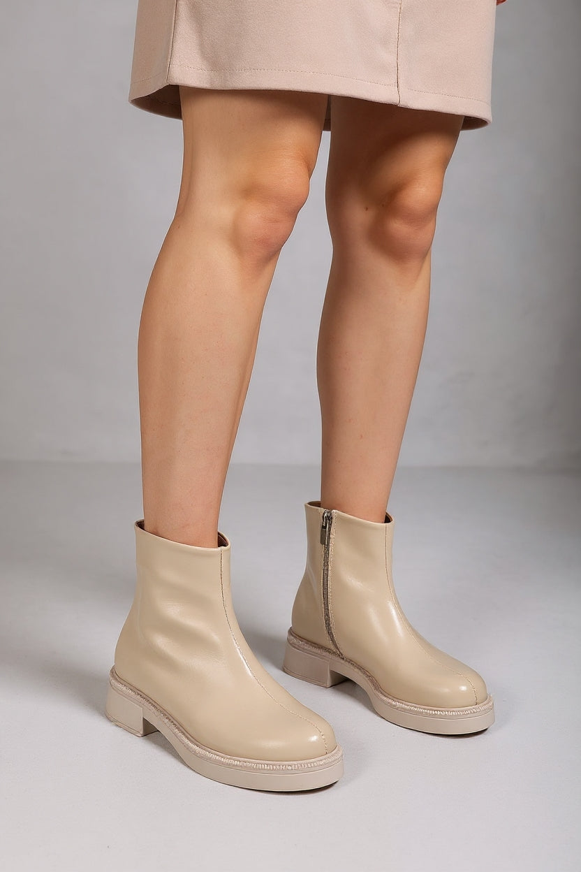 Asian Bej Kırışık Rugan Fermuarlı Kadın Bot