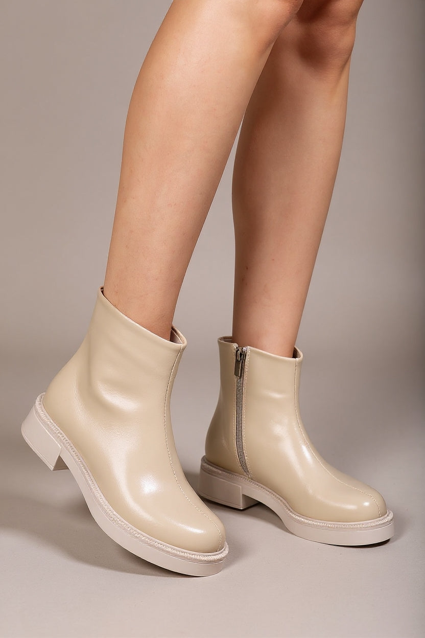 Asian Bej Kırışık Rugan Fermuarlı Kadın Bot